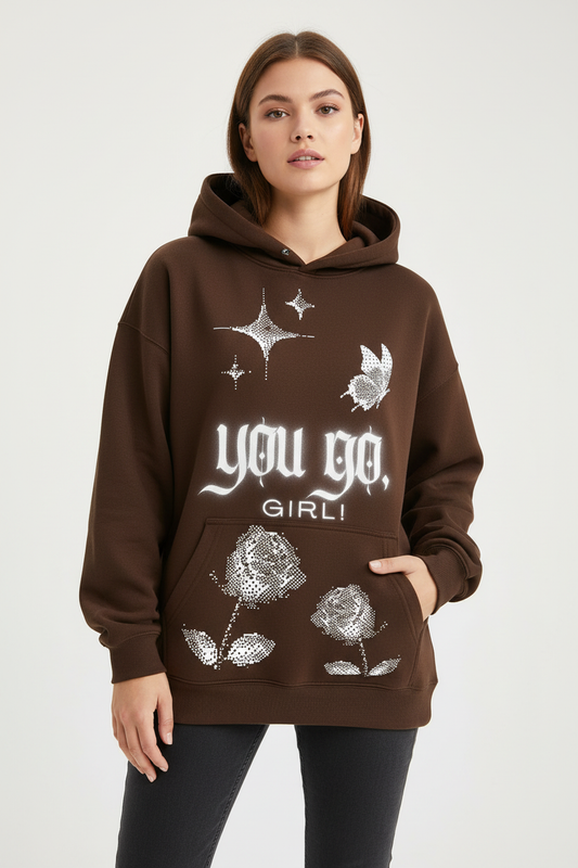 Female model wearing You Go Girl hoodie