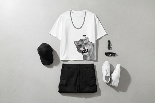 Salian Panther White T-Shirt Flat Lay with Accessories