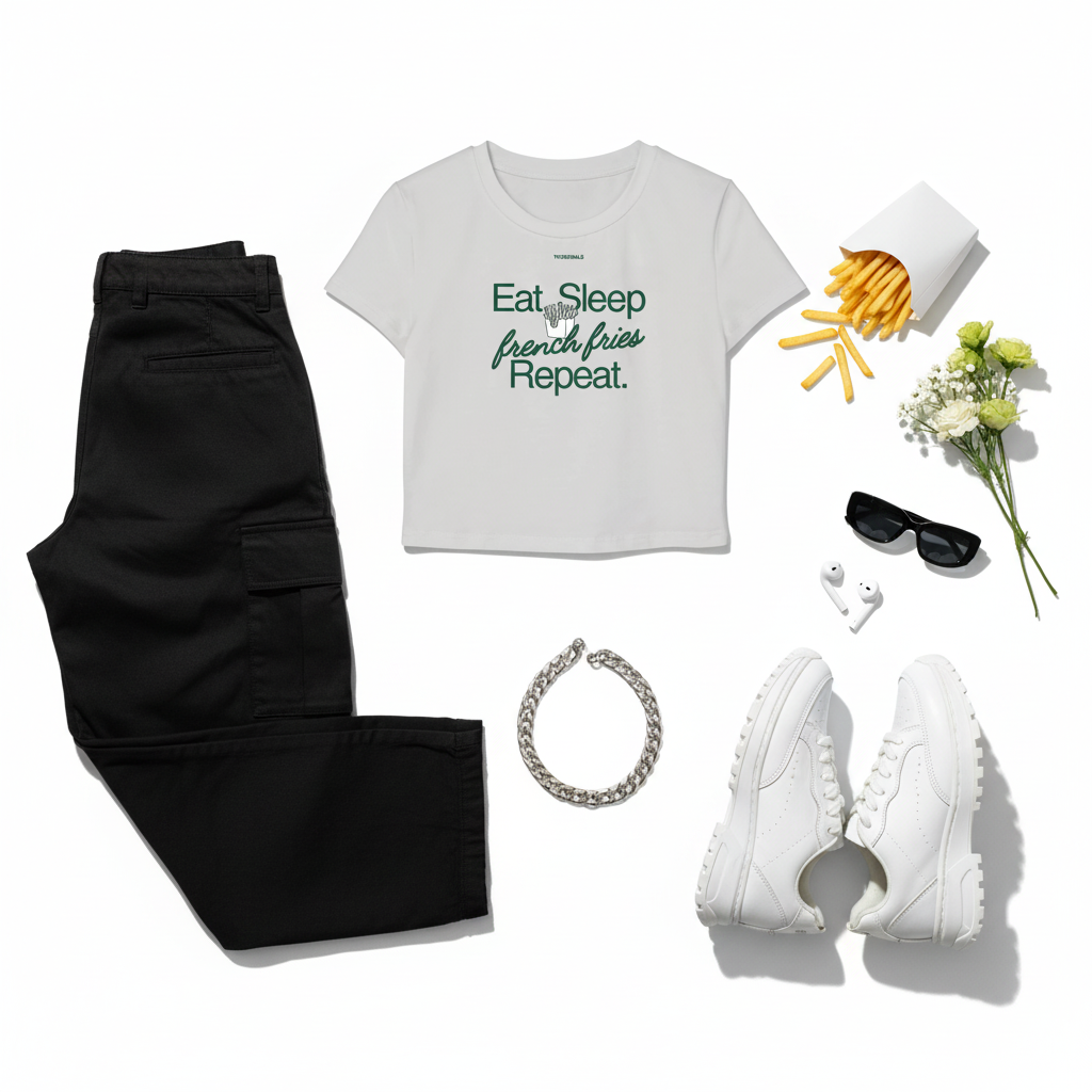 Eat Sleep french fries Repeat Flat Lay