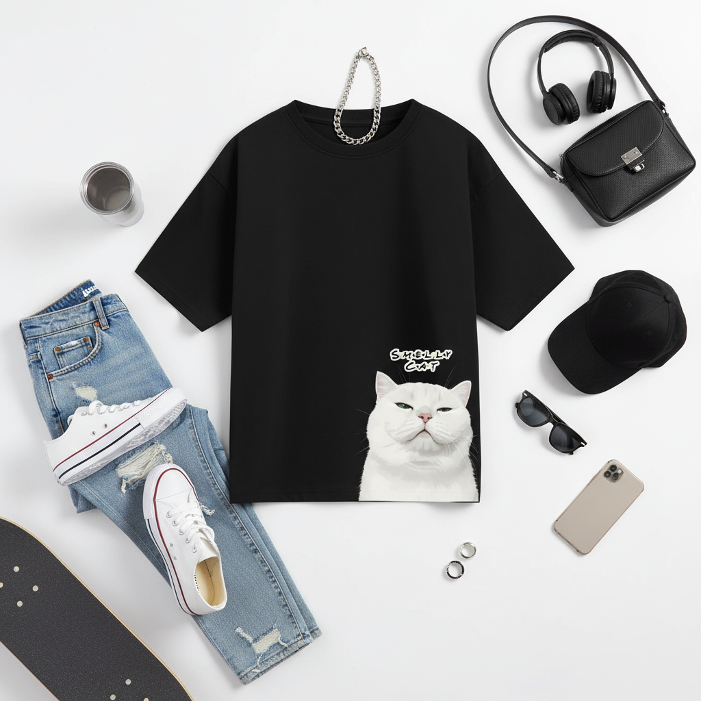 Flat lay Smelly Cat t-shirt mockup with fashion accessories