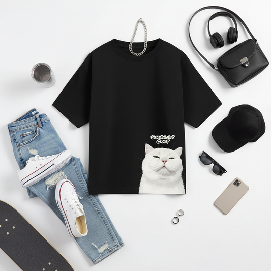 Flat lay Smelly Cat t-shirt mockup with fashion accessories
