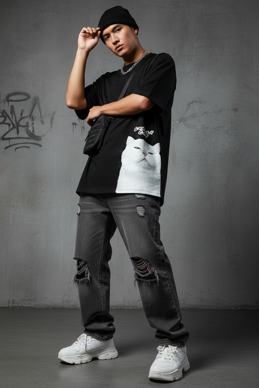 Streetwear styled Smelly Cat t-shirt mockup with model