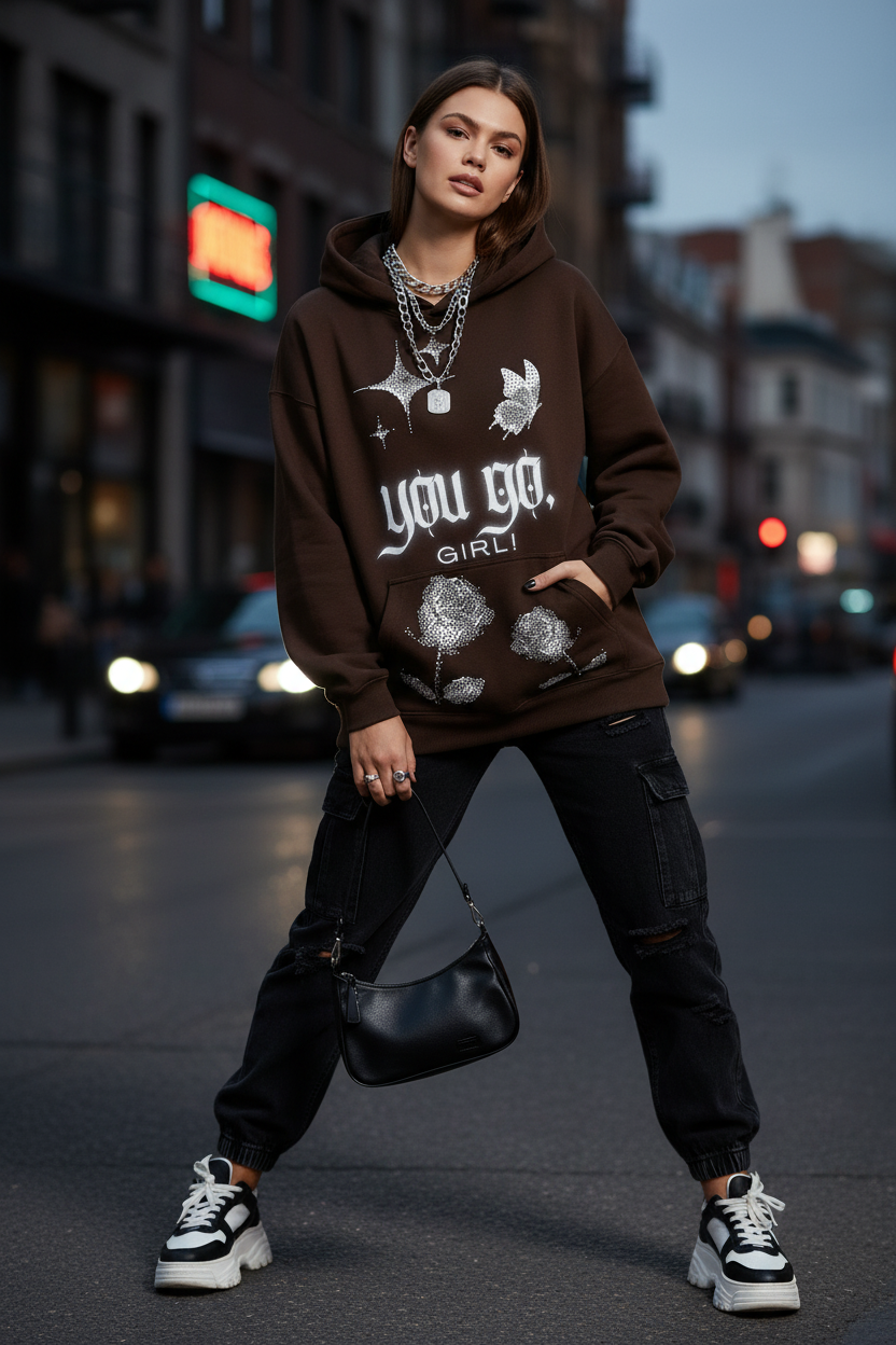 Stylized female model wearing You Go Girl hoodie